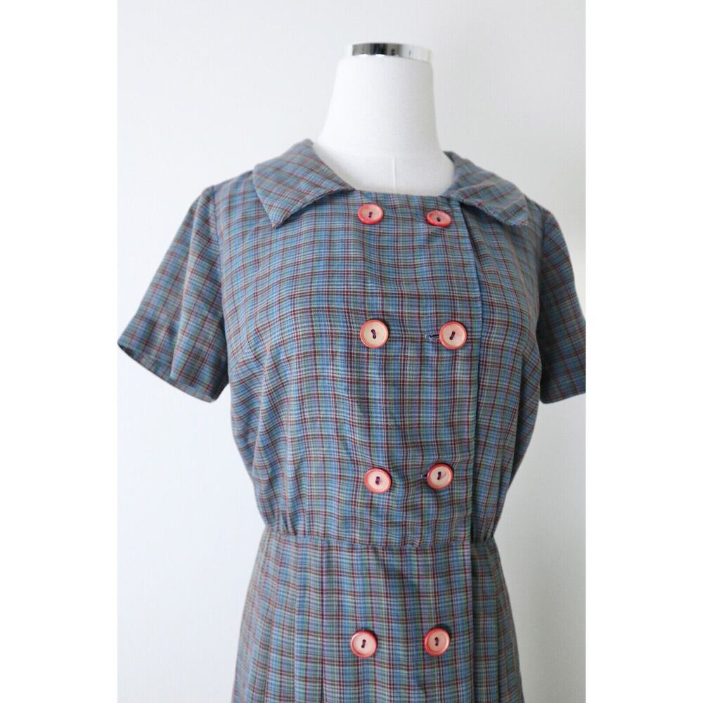 Vintage 1950s John Norman Inc. Double Breasted Shirt Dress Plaid Short Sleeve - Picture 4 of 14